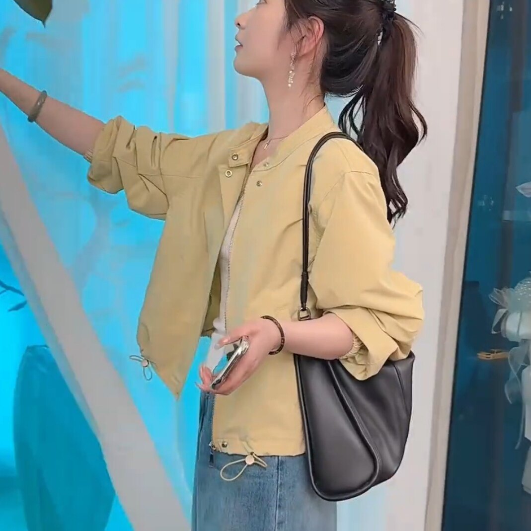 韩版立领纯色短款外套女2026春季新款小个子宽松百搭休闲夹克上衣