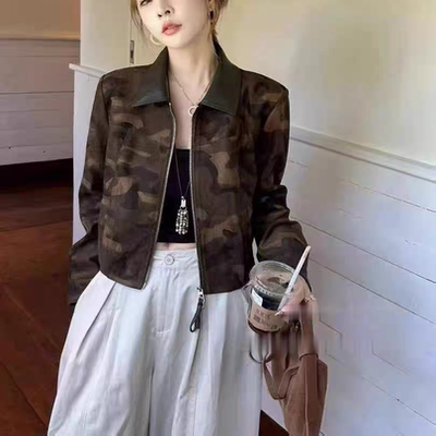 欧货翻领拼皮迷彩短款外套女秋季