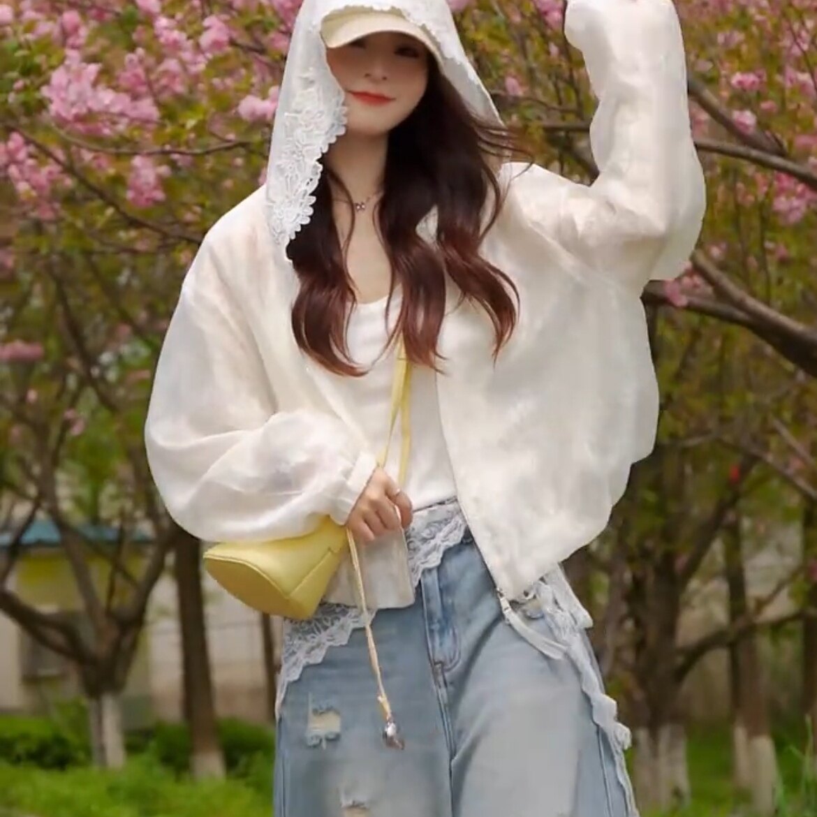 韩系蕾丝花边连帽防晒衣外套女2026春夏新款宽松百搭减龄薄款上衣