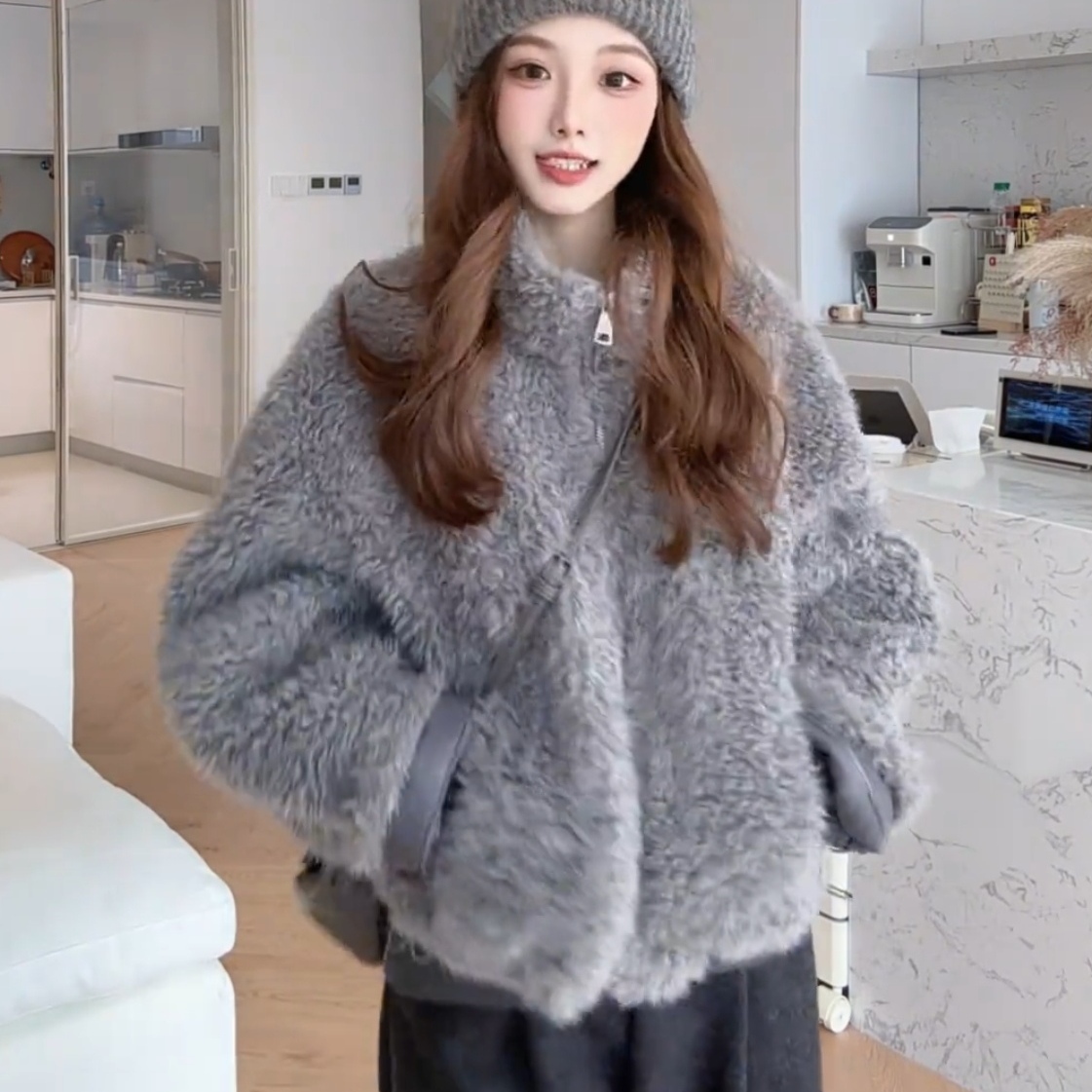 韩系立领羊羔毛皮毛一体外套女