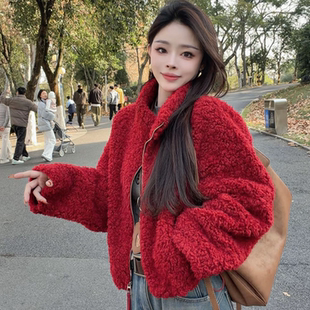 韩系立领短款羊羔毛外套女2025冬季新款宽松百搭保暖皮毛一体外套
