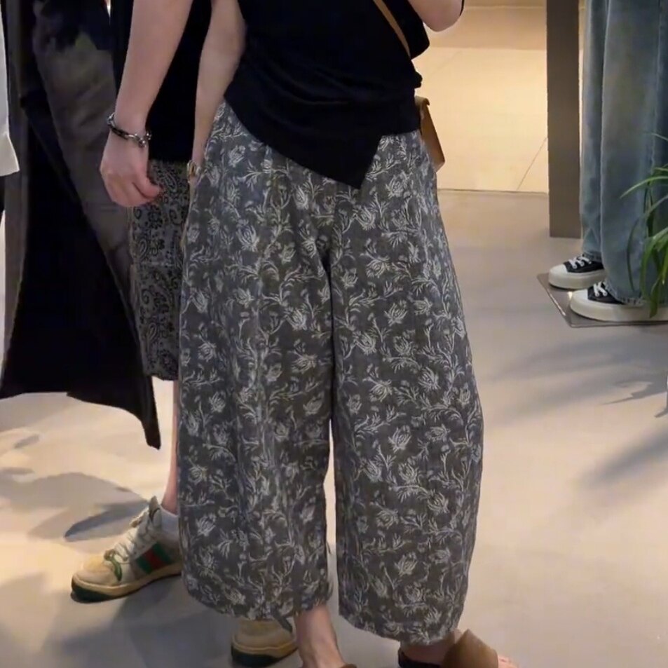 韩系高腰印花直筒阔腿裤女2026夏季新款宽松显瘦百搭休闲九分裤子