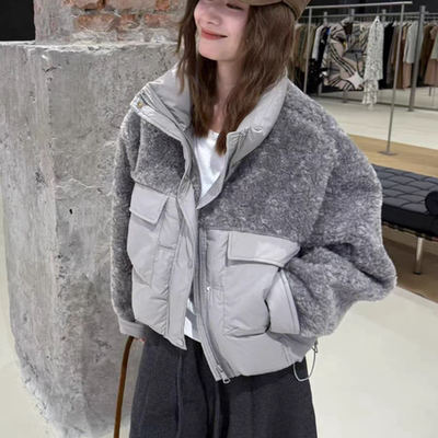 羊羔毛拼接立领短款羽绒服女冬季