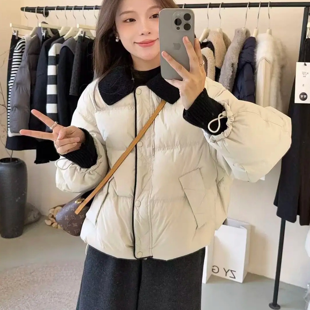 韩系撞色针织翻领短款羽绒服女