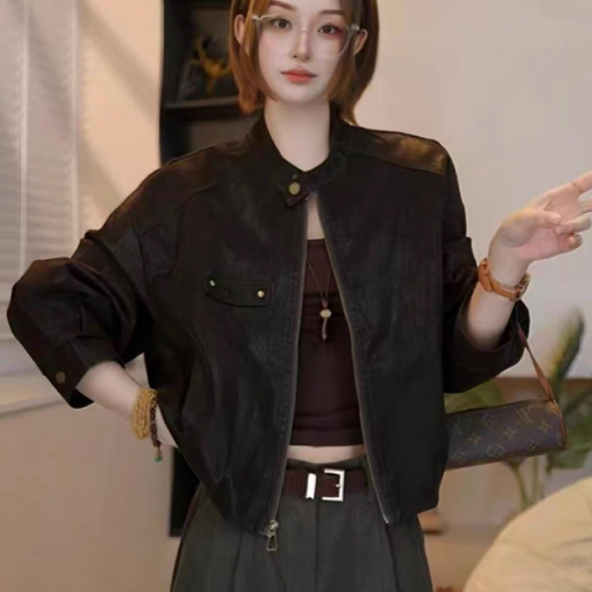 复古高级感立领皮衣外套女秋季图片