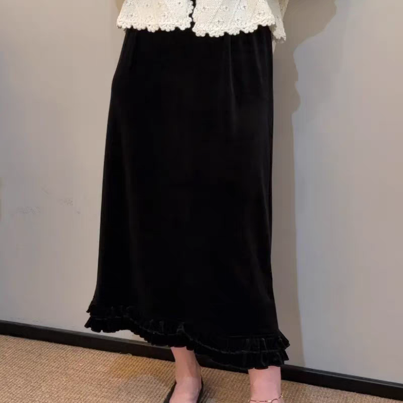 法式木耳边丝绒半身裙女2026春秋新款高腰百搭显瘦a字直筒中长裙