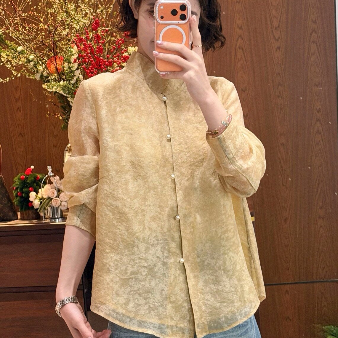 新中式国风花边立领长袖衬衫女2026春季新款宽松百搭减龄小衫上衣