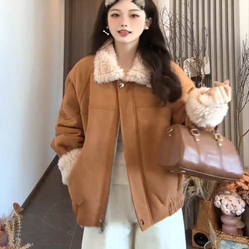 粉奈悦韩版短款加厚皮毛一体外套
