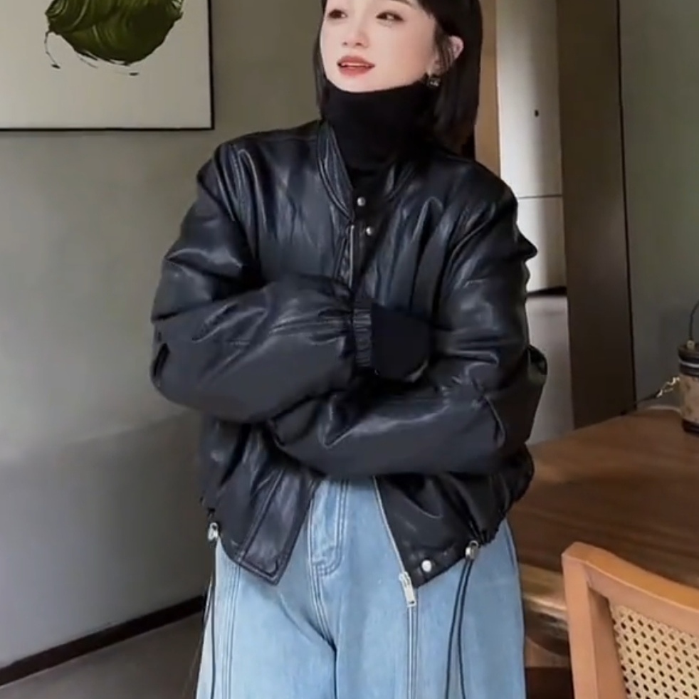 欧货立领短款加绒皮衣外套女冬季