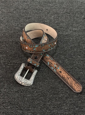 Vintage中古立体雕刻铜色绿松石拼色压花皮带重工针扣复古风皮带