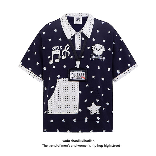 WUIU美式星星波点polo衫短袖t恤