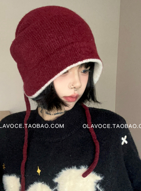 多种戴法~秋冬保暖红色针织帽子软糯拼色显脸小护耳防寒堆堆帽女