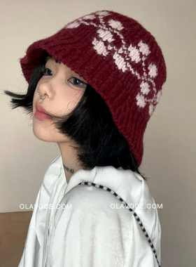 韩系复古提花秋冬渔夫帽保暖显脸小费尔岛针织盆帽防寒红色帽子女