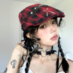 暗黑系黑红前进帽男亚比甜酷铆钉格纹十字架千禧帽子女 哥特少女