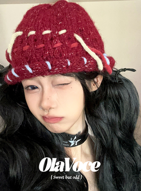 秋冬卷边韩系钩针帽子女显脸小红色小众设计毛线帽甜美包头针织帽