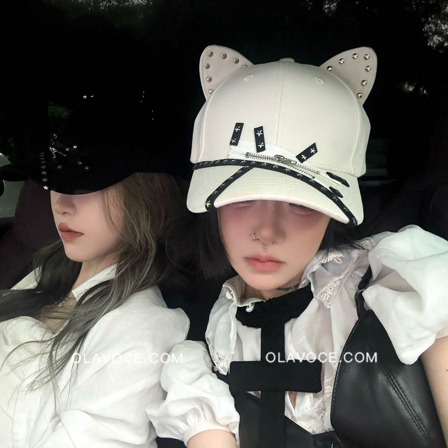 暗黑哥特~ola原创铆钉鸭舌帽辣妹甜酷风猫耳棒球帽硬顶亚比帽子女