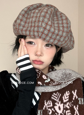 英伦少女~ola原创自制大头围格纹贝雷帽复古校园画家帽大版帽子女