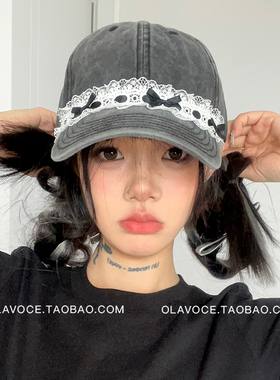 ola原创蕾丝蝴蝶结鸭舌帽甜酷水洗黑色软顶棒球帽女自制做旧帽子