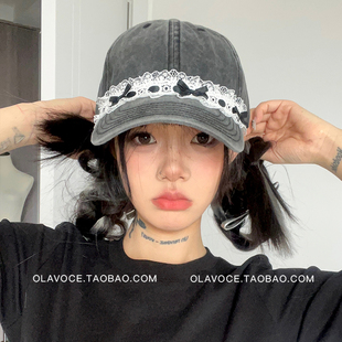 ola原创蕾丝蝴蝶结鸭舌帽甜酷水洗黑色软顶棒球帽女自制做旧帽子