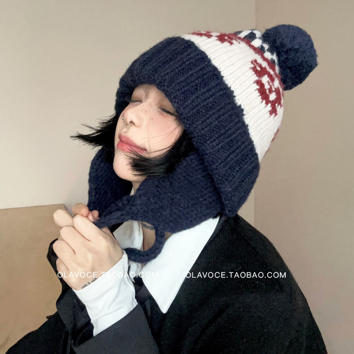 费尔岛风提花毛球针织帽