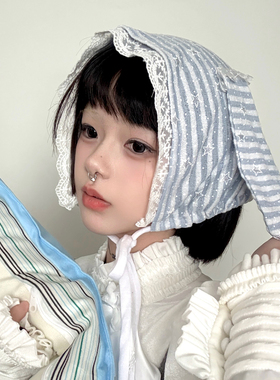 ola原创蓝条纹星星蕾丝JK帽