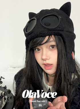 甜酷风辣妹黑色雷锋帽户外两戴飞行员帽保暖猫耳灯芯绒护耳帽子女