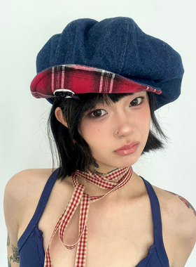 甜心少女！ola原创自制画家帽牛仔蝴蝶结帽子女显脸小格纹贝雷帽