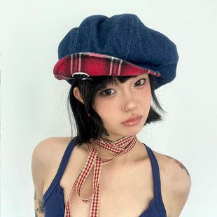 甜心少女 ola原创自制画家帽牛仔蝴蝶结帽子女显脸小格纹贝雷帽
