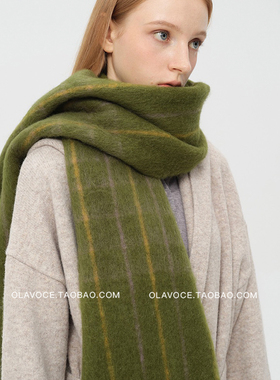 韩版羊毛混纺格子围巾女冬季绿色流苏披肩氛围感保暖厚实东北围脖