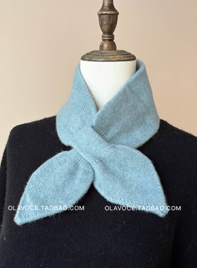 韩版纯色穿搭交叉针织围巾女护颈秋冬季保暖围脖百搭时尚蓝色软糯