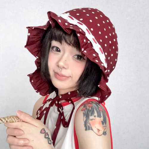 法式Doll感红波点蕾丝伯奈特帽