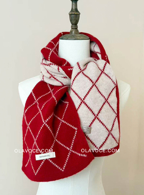 澳洲100%羊毛高级感红色围巾秋冬双面纯羊毛菱形格纹礼物保暖围脖