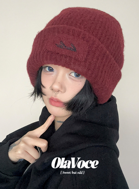 韩版大头围毛线帽女秋冬加厚保暖防寒羊毛混纺帽子学生刺绣针织帽