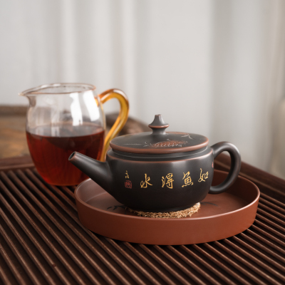 钦州坭兴陶茶壶 如鱼得水丰收壶 手工原矿紫陶泡茶壶宽口茶具