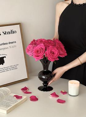ins风高级感网红中古黑色花瓶玻璃插花玫瑰鲜花假花客厅餐桌摆件