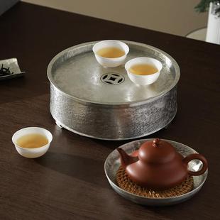 潮汕手工锡茶盘茶船潮州工夫茶具锡器手拉壶圆形储水式中式干泡台