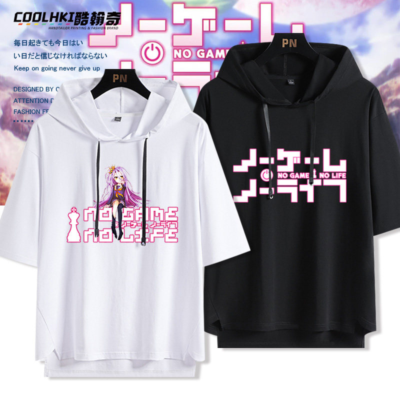 休比多拉游戏人生周边连帽短袖t恤男女宽松夏季潮牌五分袖衣服潮