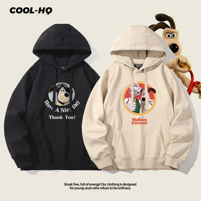 Wallace&Gromit超级无敌掌门狗复古风卡通图案男女连帽卫衣春秋款
