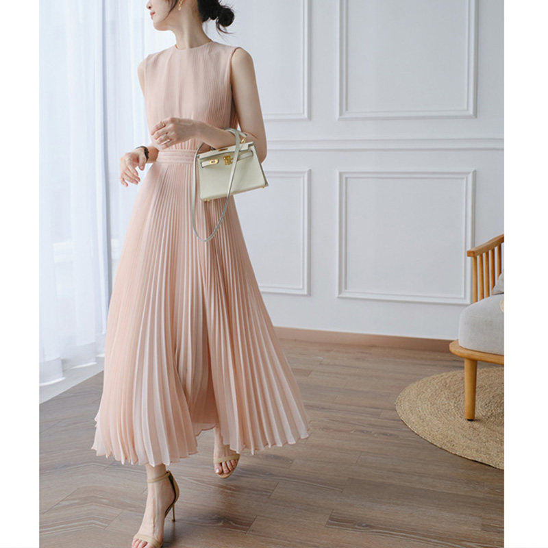 2022新款女夏季长款百褶长裙设计感小众高级感轻奢气质粉色连衣裙