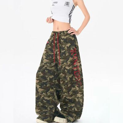 美式复古迷彩烫钻爵士舞阔腿卫裤