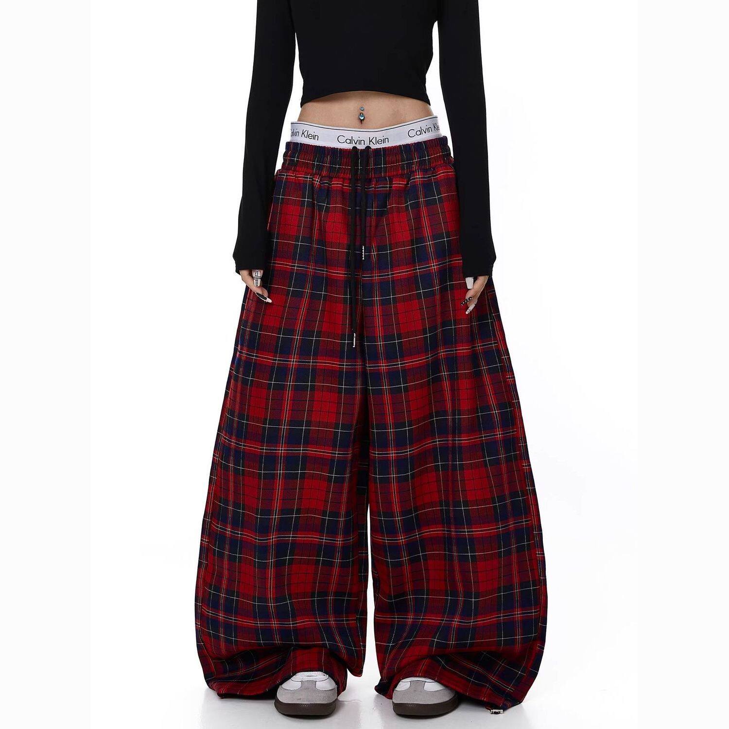 美式复古慵懒风抽绳红色格子卫裤男女春秋松弛设计感宽松阔腿长裤