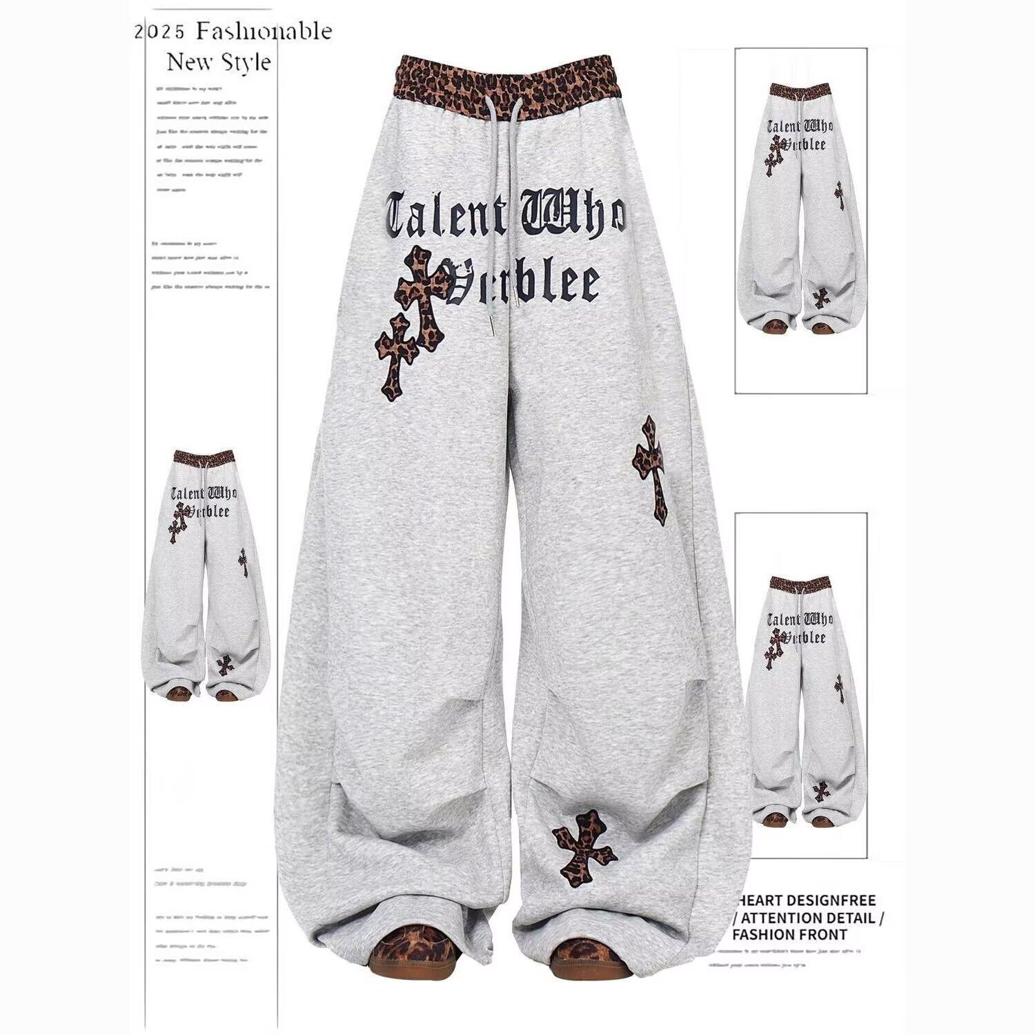 美式复古潮牌豹纹拼接休闲运动卫裤女哥特风十字架字母绣花阔腿裤