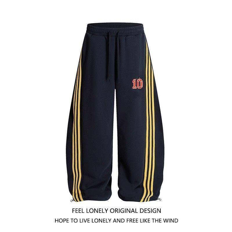 美式复古撞色三条杠条纹阔腿休闲长裤男女春秋季新款宽松运动卫裤