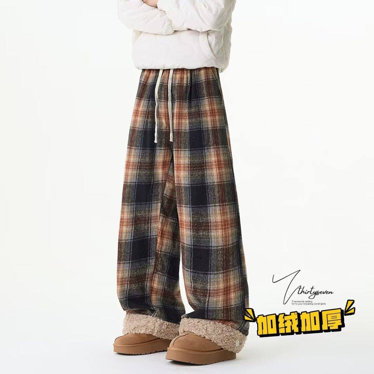 美式复古格子抽绳休闲裤男女冬季羊羔绒加厚保暖慵懒风宽松直筒裤