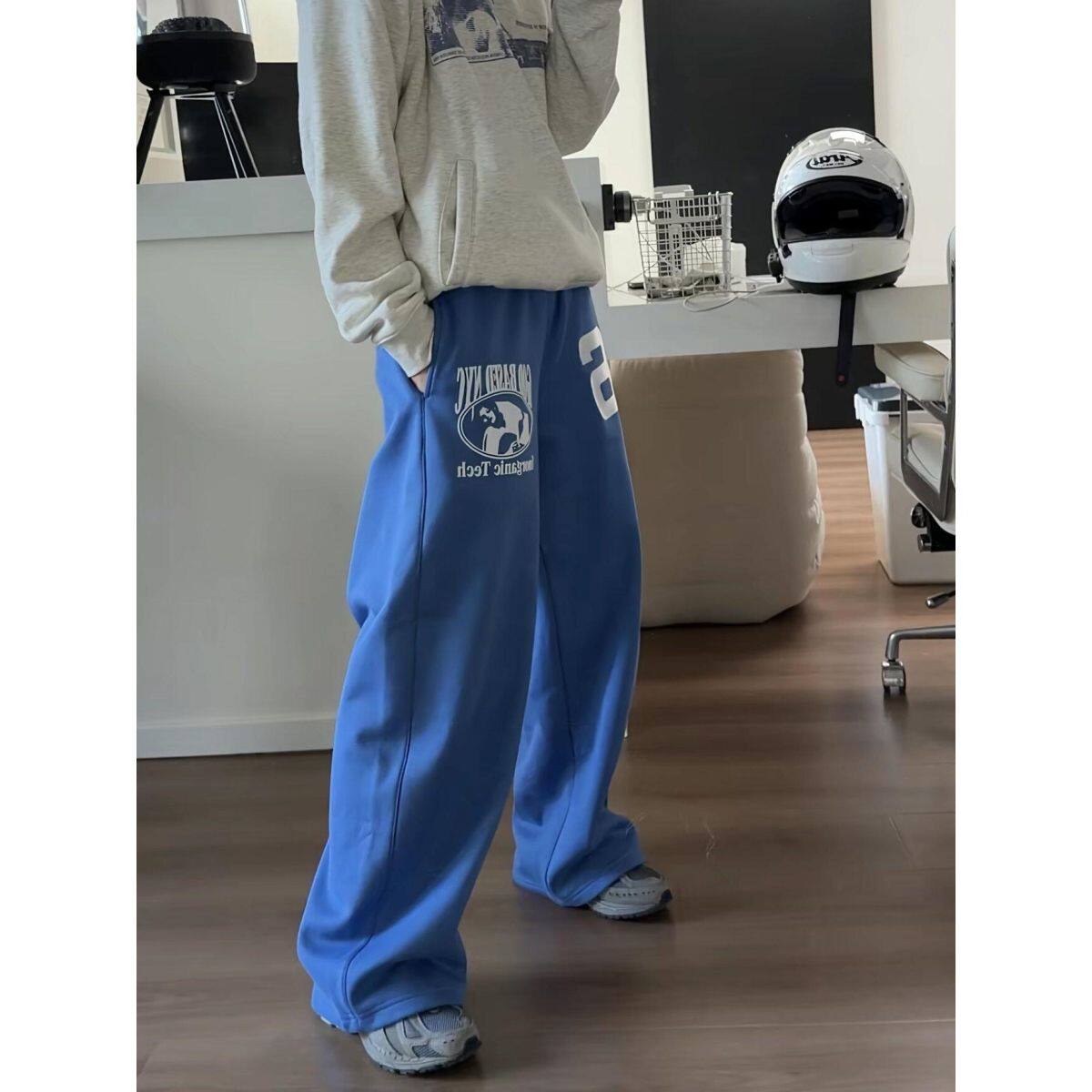 美式刺绣克莱因蓝弯刀阔腿长裤男女春秋慵懒风百搭休闲运动卫裤子