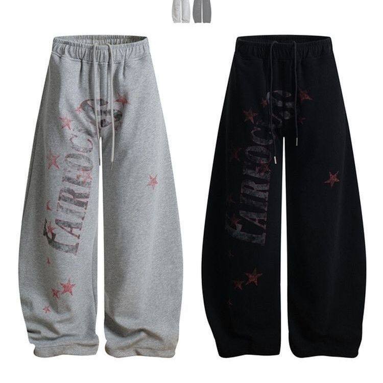 美式复古字母星星印花卫裤男女春季宽松阔腿hiphop情侣运动长裤潮