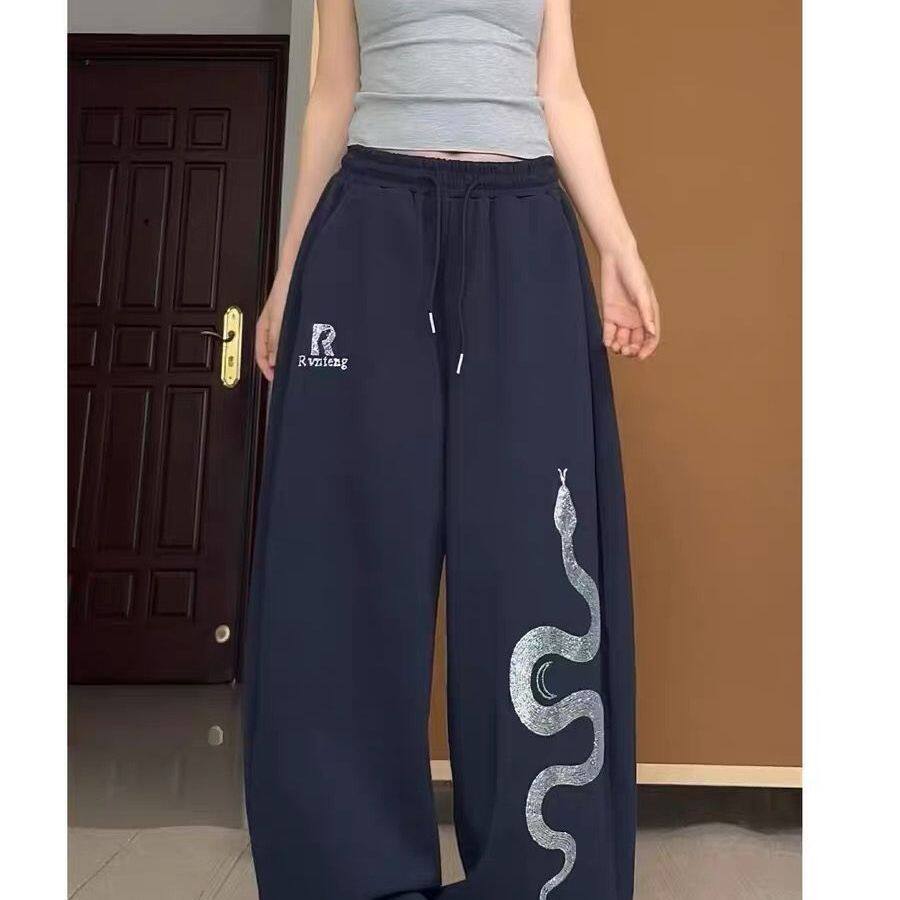 秋冬季美式高街辣妹烫钻蛇纹印花休闲裤女男宽松街头百搭运动卫裤