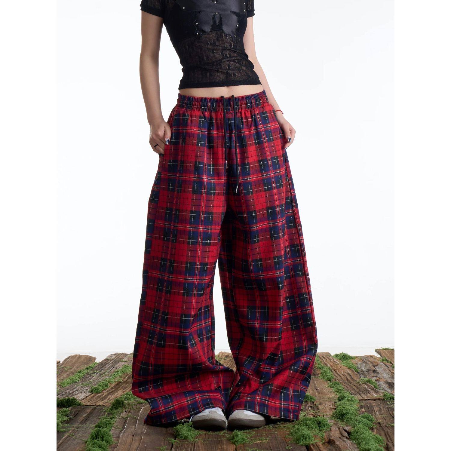 美式复古格子拼色休闲卫裤男女新款春秋季宽松百搭阔腿拖地长裤子