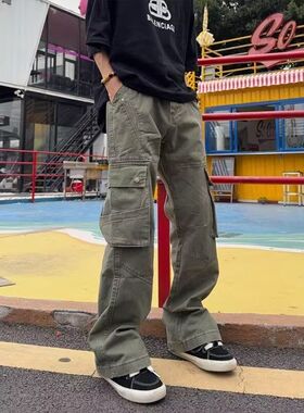 美式复古解构多口袋微喇叭工装裤男女宽松休闲直筒vibe风长裤子潮