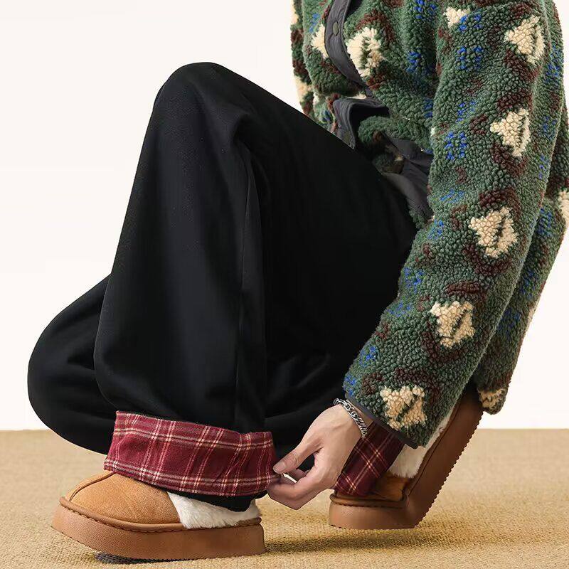 美式复古重磅冬季加绒卫裤男女款格子拼接慵懒松弛感保暖休闲长裤